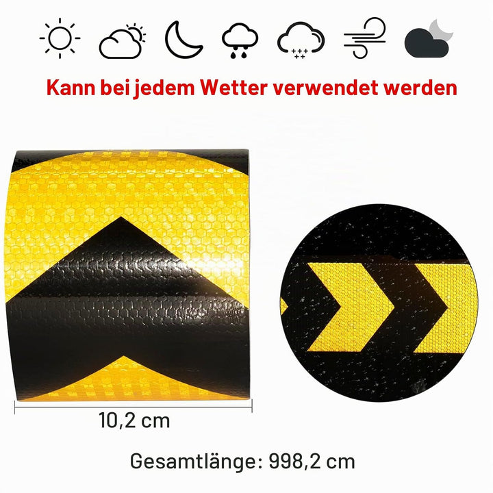 Reflektierendes Klebeband Gelb&amp;Schwarz 10m x 10cm Wasserdicht Reflektorband Selbstklebend Warnklebeb