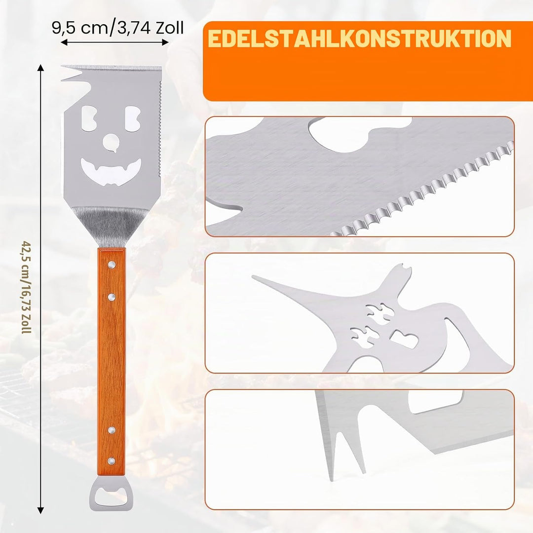 7 in 1 grillspachtel, 420 Edelstahl Grillbesteck Set für Barbecue Grill, mit 22 cm Holzgriff,Einziga