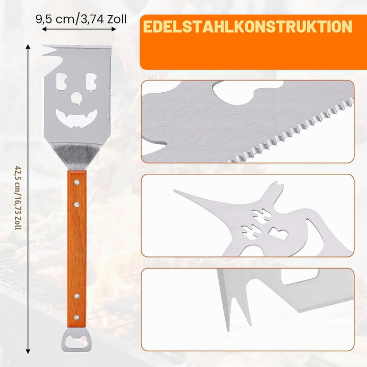 7 in 1 grillspachtel, 420 Edelstahl Grillbesteck Set für Barbecue Grill, mit 22 cm Holzgriff,Einziga
