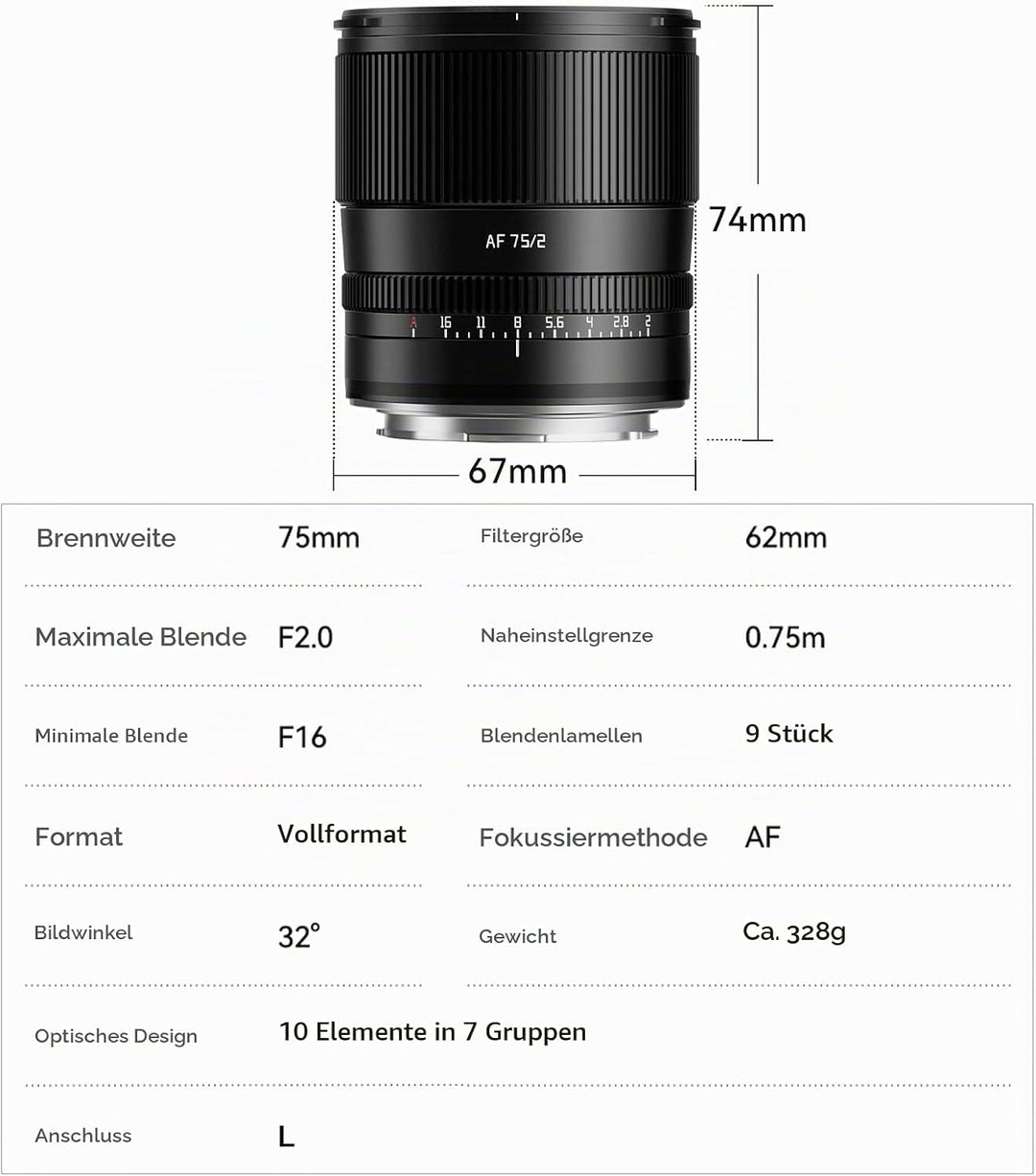 TTARTISAN AF 75mm F2 Vollformat Objektiv L Mount, STM Autofokus Grosse Blende mit Geklicktem Blenden