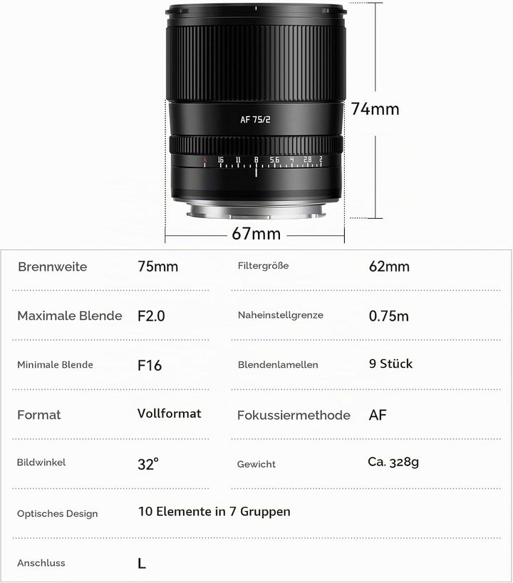 TTARTISAN AF 75mm F2 Vollformat Objektiv L Mount, STM Autofokus Grosse Blende mit Geklicktem Blenden