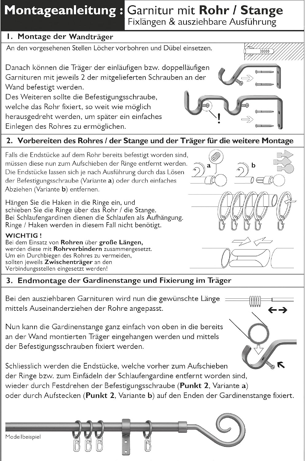 Bestlivings Stilgarnitur Set aus Edelstahl, ausziehbare Gardinenstange 120-230 cm, Palma 120 - 230 c