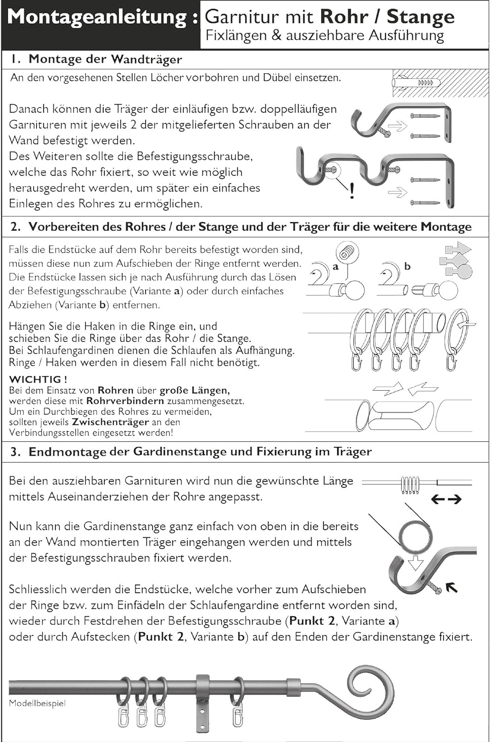 Bestlivings Stilgarnitur Set aus Edelstahl, ausziehbare Gardinenstange 120-230 cm, Formentor 120 - 2