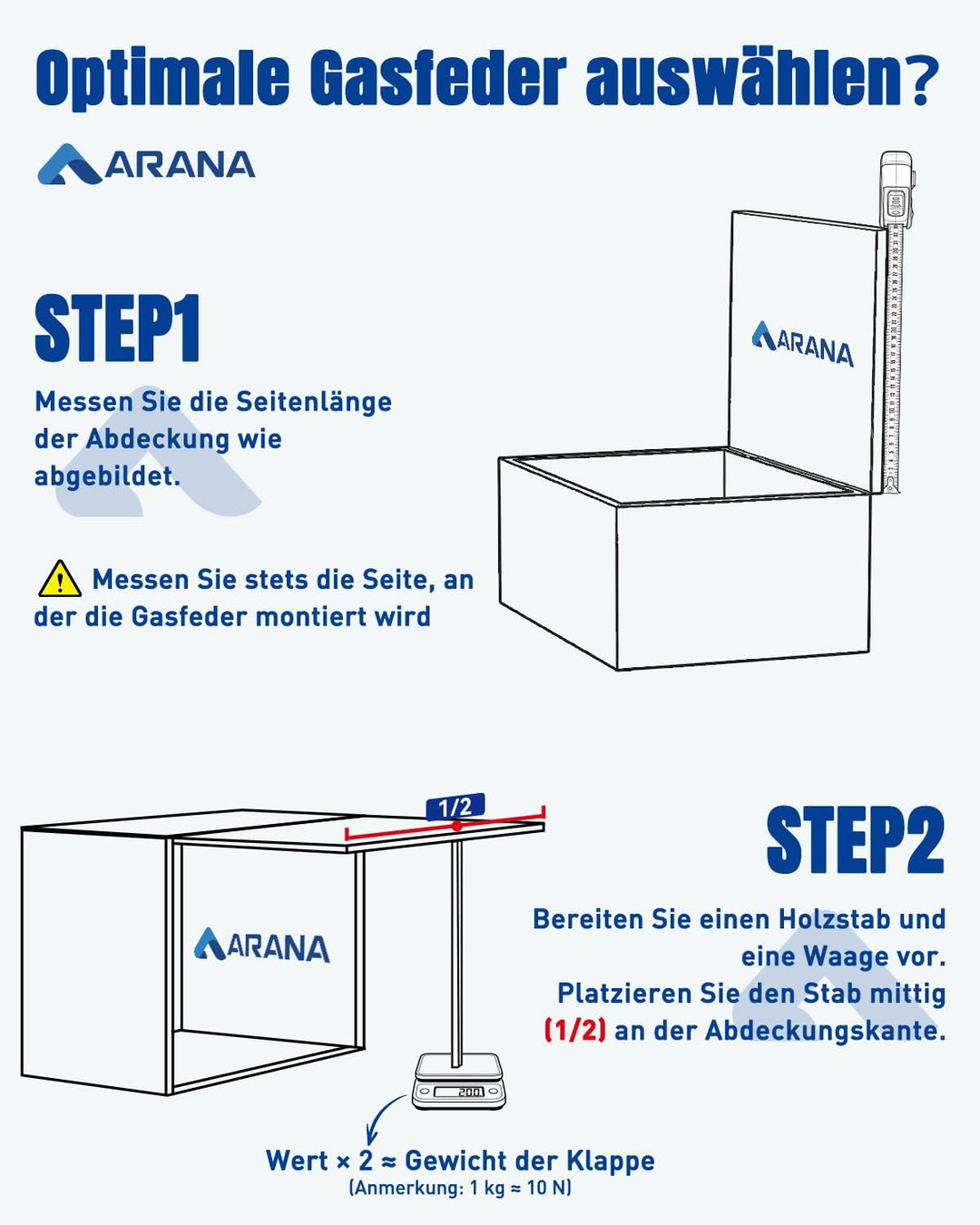 ARANA Gasdruckfeder 508 mm, 298 N, 2er-Pack; Gasdruckdämpfer, Gasfeder Dämpfer, geeignet für Schrank