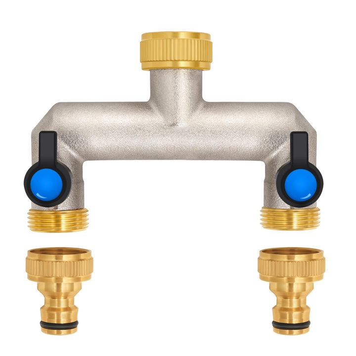 2-Wege Wasserhahn Wasserverteiler aus Messing für 2 Geräte/Gartenschläuche, 2er Verteiler 3/4" Adapt