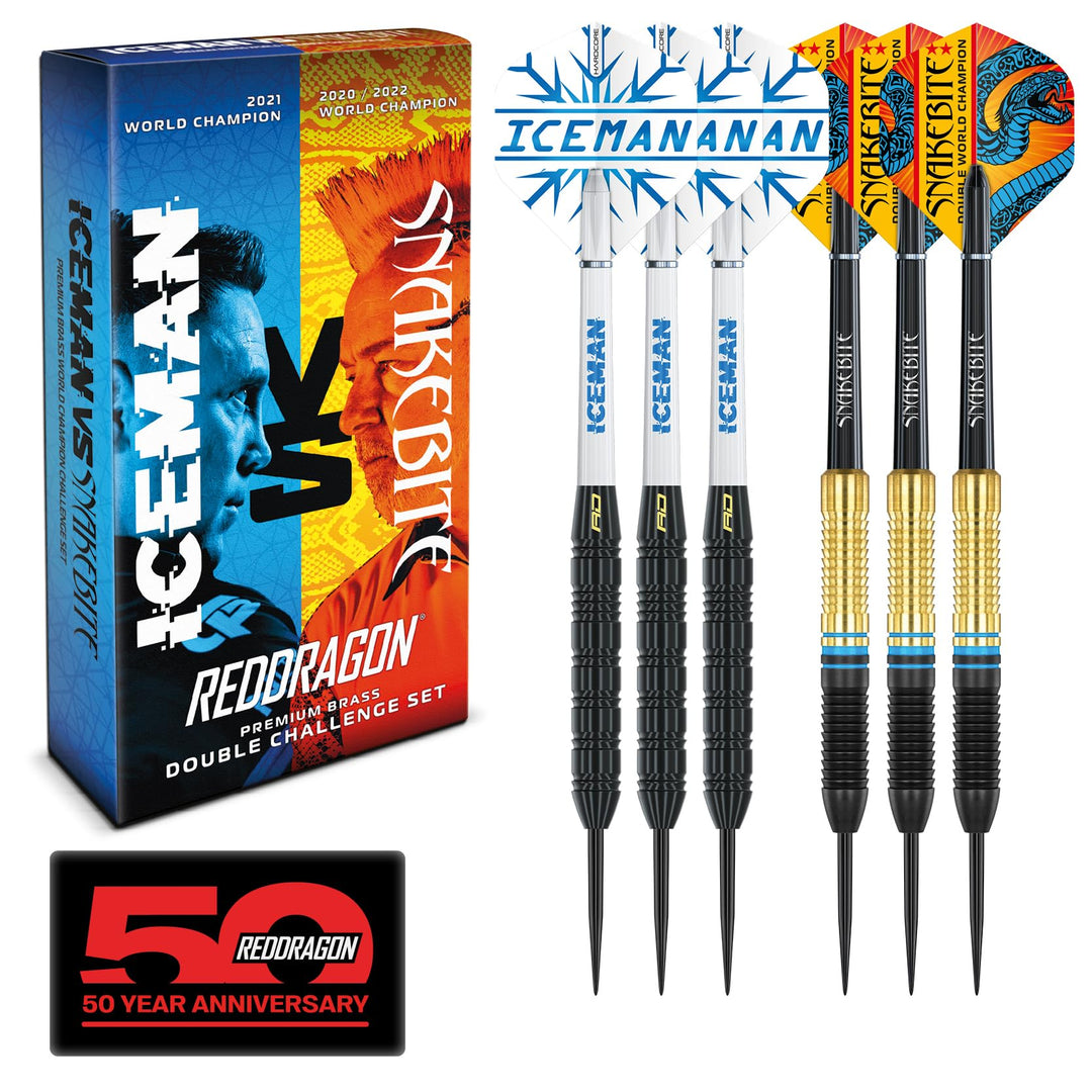 RED DRAGON Peter Wright 'Snakebite' v Gerwyn Price 'Iceman' DWC Steel Tip Dartset aus Messing mit Fl