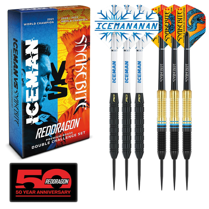 RED DRAGON Peter Wright 'Snakebite' v Gerwyn Price 'Iceman' DWC Steel Tip Dartset aus Messing mit Fl