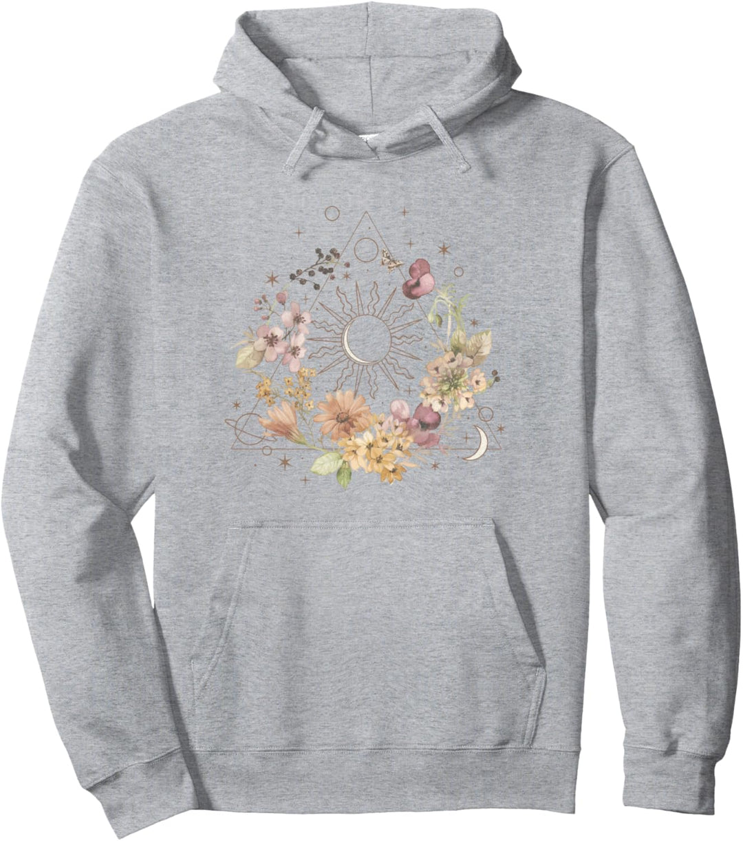 Trendy Celestial Pyramid Sun Moon Circling Flowers Pullover Hoodie