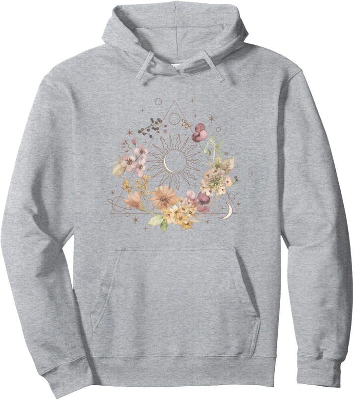 Trendy Celestial Pyramid Sun Moon Circling Flowers Pullover Hoodie