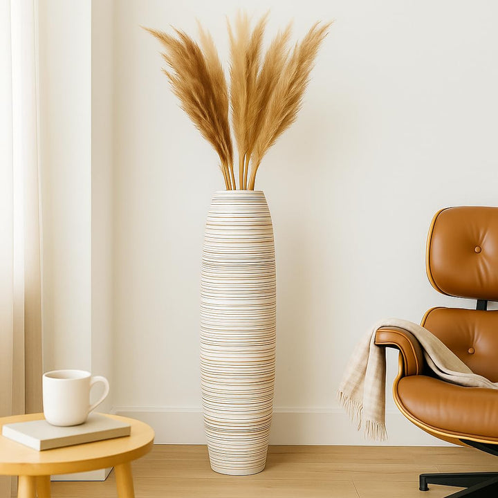 Leewadee Grosse Bodenvase für Dekozweige hohe Standvase Design Holzvase, Holz, 90 cm, White Wash 90