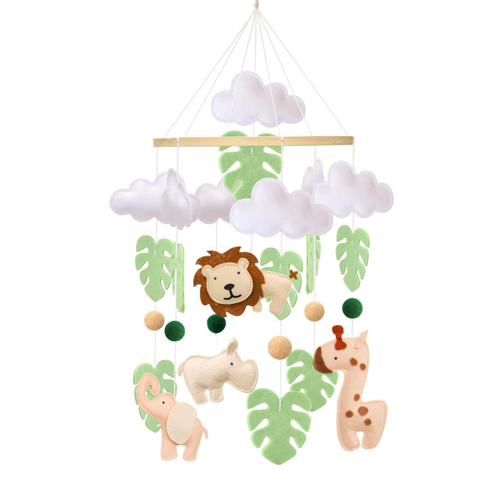 Waldtiere Mobile Baby Windspiele, 3D Löwe, Giraffe, Elefant, Nashorn, Grünes Blatt Mobile Baby Holz