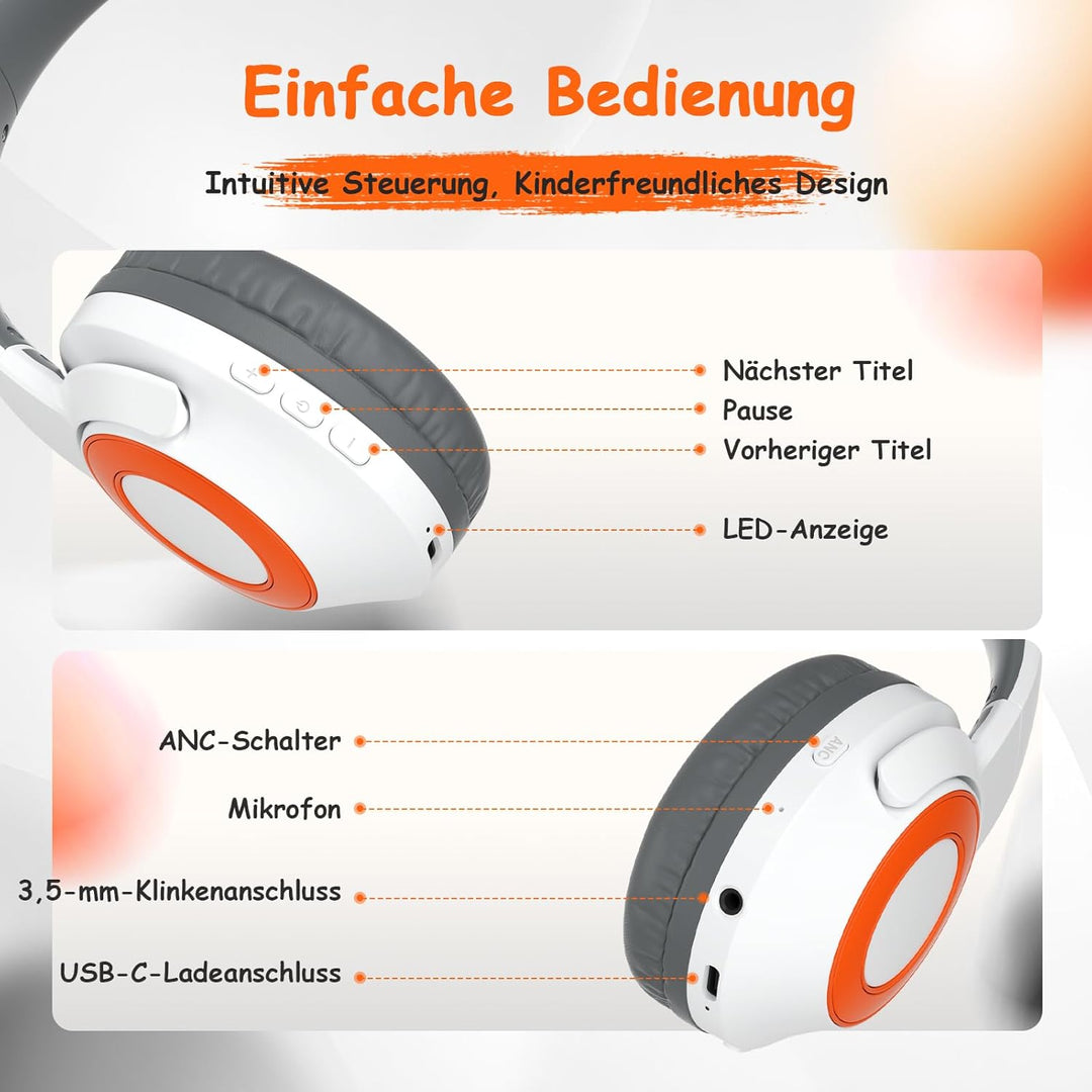 Kopfhörer Kinder Bluetooth | Noise Cancelling Kopfhoerer Kinder | 60h Spielzeit, Leicht über Ohr Kin