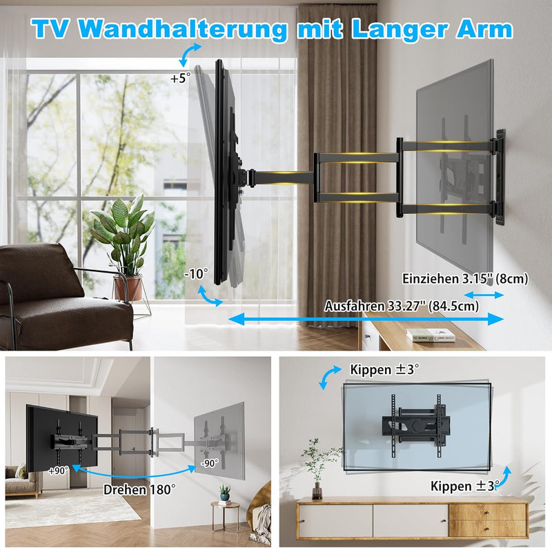 WHYFONE TV Wandhalterung mit 845mm Extra Langem Gelenkarm, Fernsehhalterung Wand Schwenkbar 180° Dre