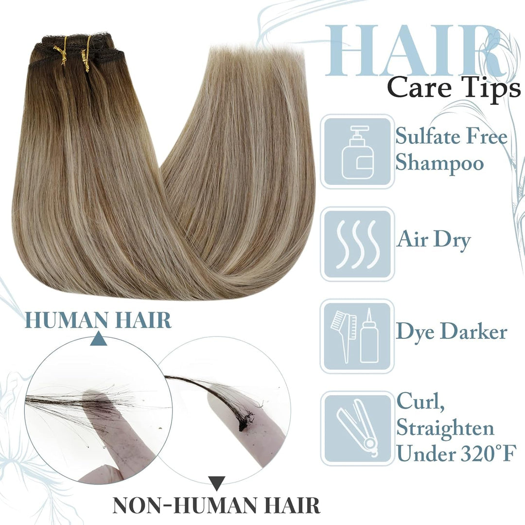 RUNATURE Echthaar Extensions Clip in Ombre Dunkelbraun bis Braun mit Blond Haarverlangerunbg Balayag