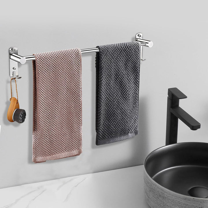 Amexo Handtuchstange Edelstahl Ausziehbar 43–75cm, Handtuchhalter mit Haken Schrauben Kleber, Silber