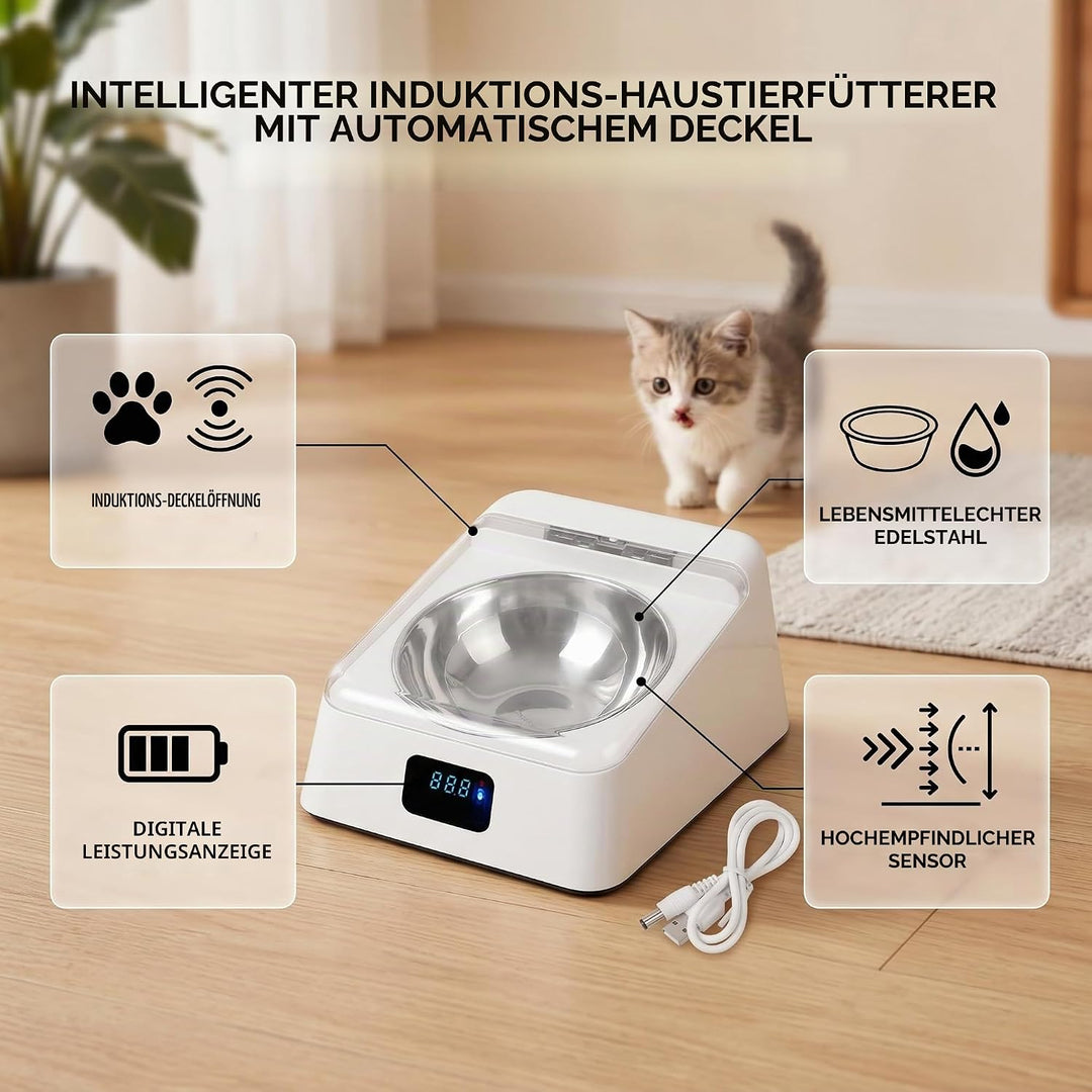 Automatischer Futterautomat Katzen, Haustier Futterspender Katzennapf mit Edelstahlnapf Infrarotsens