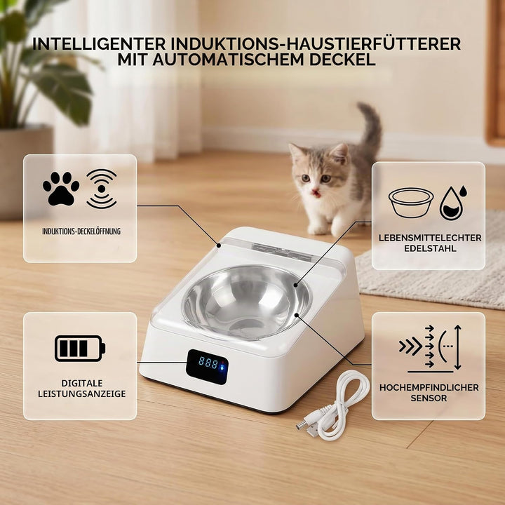Automatischer Futterautomat Katzen, Haustier Futterspender Katzennapf mit Edelstahlnapf Infrarotsens