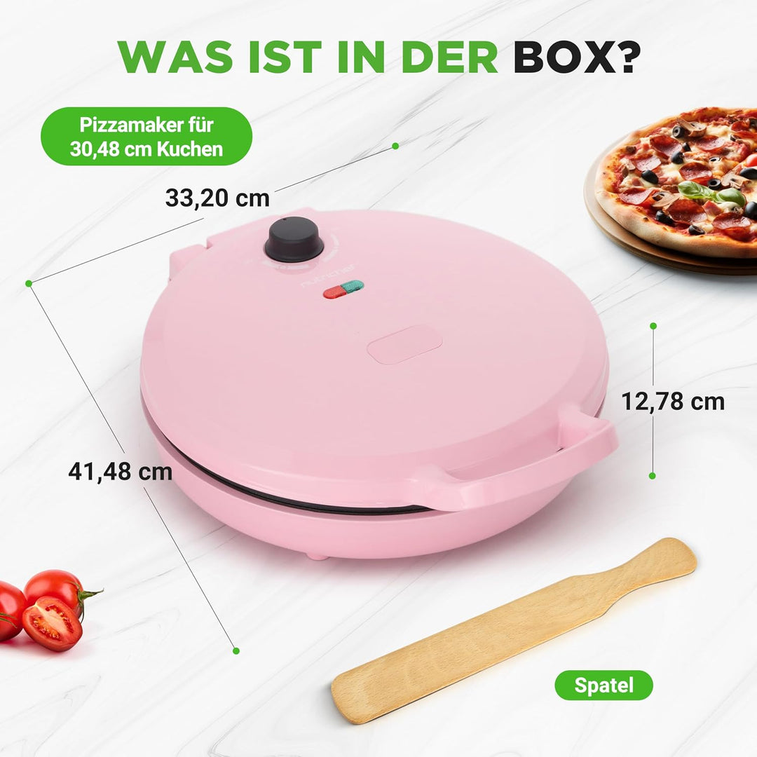NutriChef Elektrischer Pizzaofen Pink – 1500W Kompaktgerät für 30cm Pizza Antihaftplatte für Pizza,