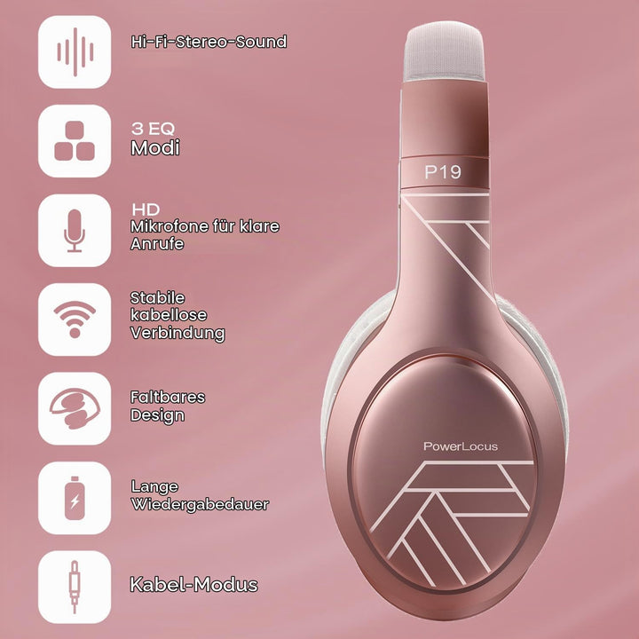 PowerLocus Bluetooth Kopfhörer Over Ear, Kopfhörer Kabellos mit 3-EQ modi, 60std. Spielzeit, Hi-Fi-S