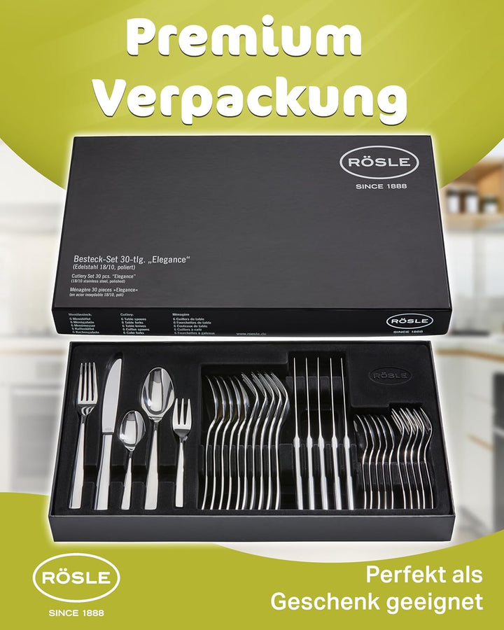 RÖSLE ELEGANCE Besteck 30-teilig, Hochwertiges Essbesteckset für 6 Personen aus Edelstahl 18/10, Kli