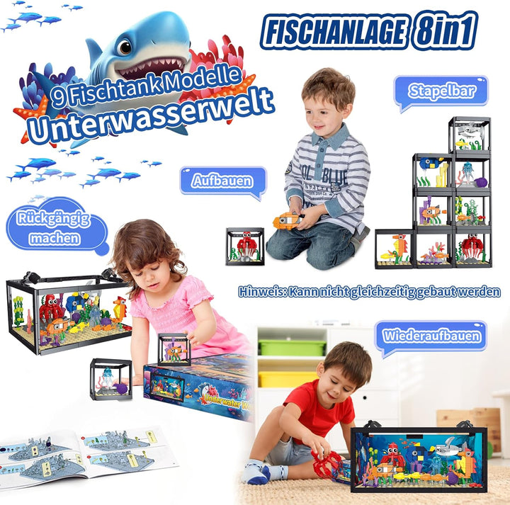 8-in-1 Aquarium Fish Tank Baustein mit LED Licht, einschliesslich Meeresquallen, Fischen, Tierbauspi