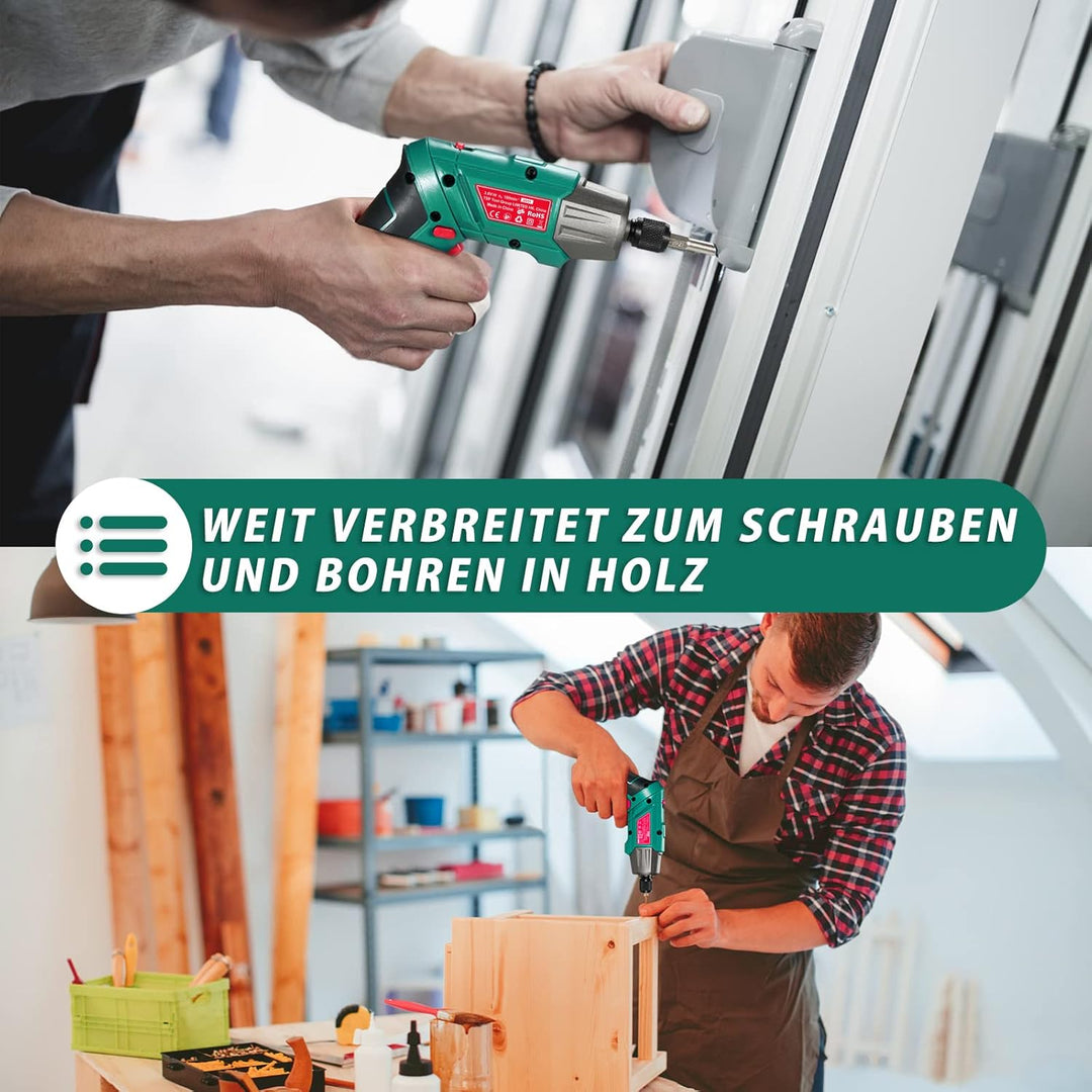 HYCHIKA Akkuschrauber, 6N·m Drehmoment 2000mAh 3,6V Akku mit 35 Zubehörteilen, LED-Licht und Taschen