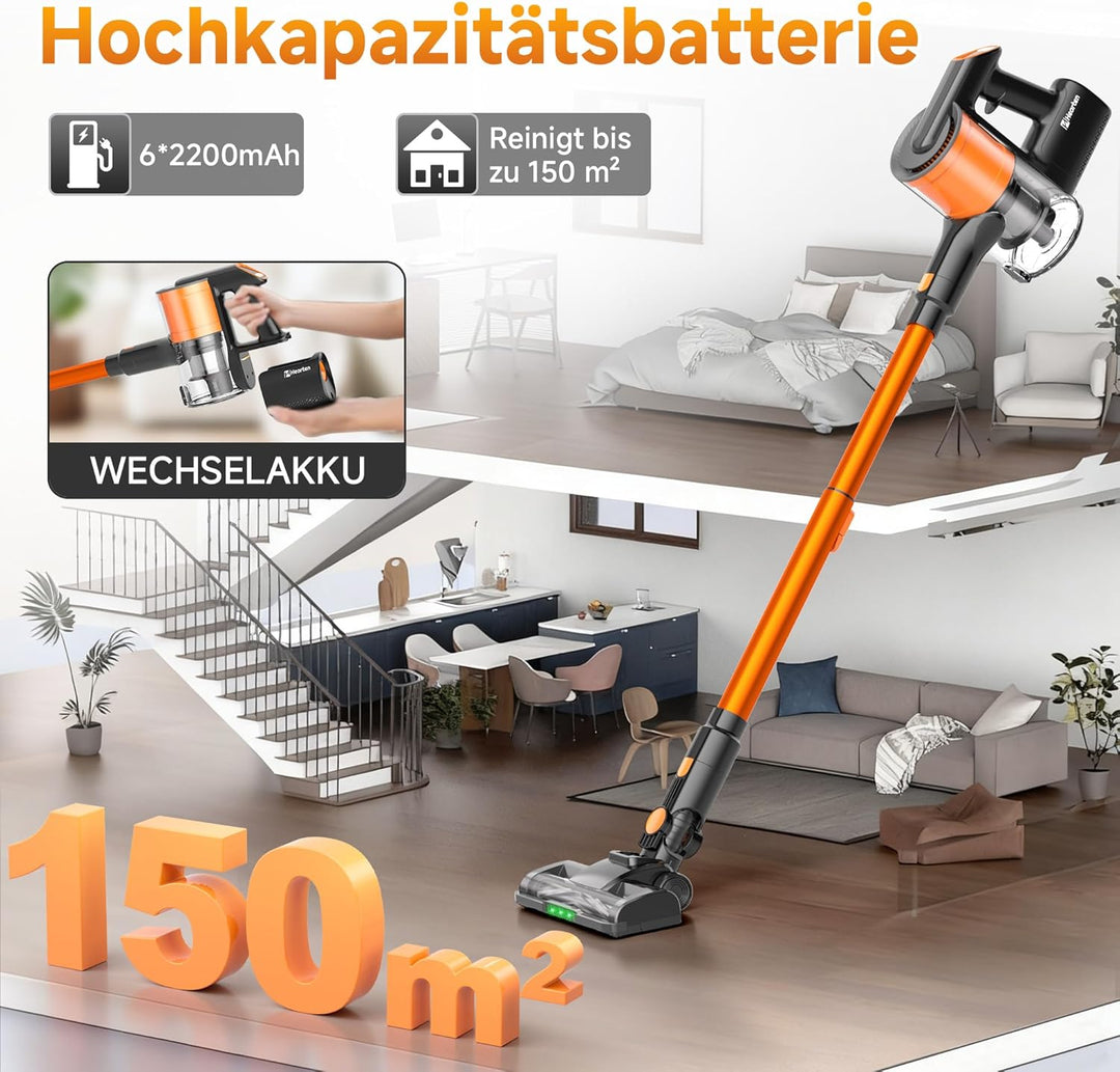 Hearten Akku Staubsauger Kabellos mit LED Display, Leise, 3 Betriebsarten, Kabelloser Staubsauger mi