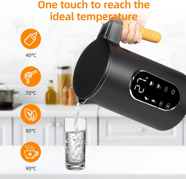 Carehabi Wasserkocher mit Temperatureinstellung 1.7 Liter Wasserkocher Edelstahl Schwarz 40°C-100°C