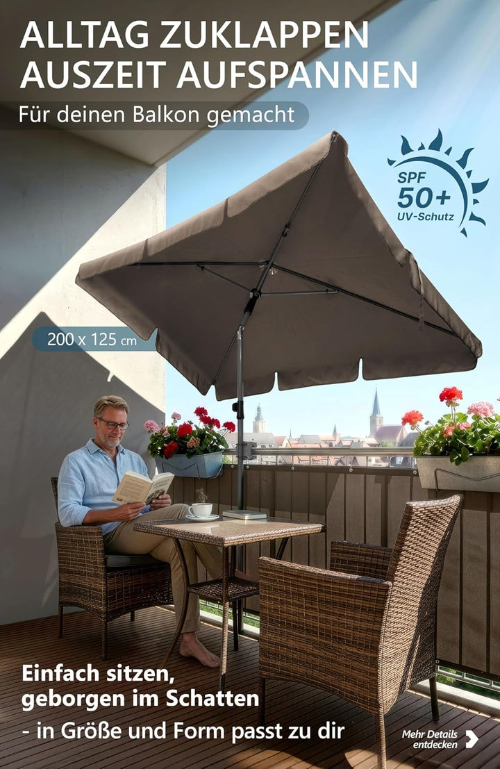 4smile Sonnenschirm Balkon 200 × 125 cm, Sonnenschirm rechteckig mit UPF 50+, 45° knickbar & höhenve