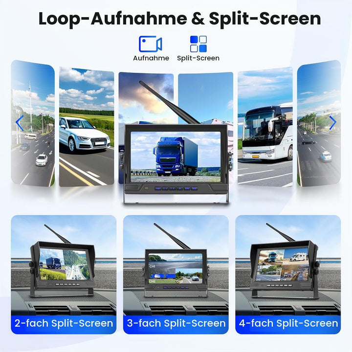 Hodozzy Rückfahrkamera Kabellos Set, 9 Zoll IPS Monitor mit Toter-Winkel-Warnung, Wasserdicht, Weitw