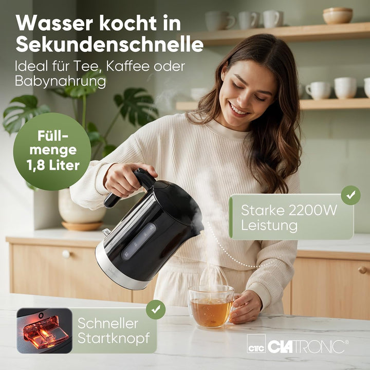 Clatronic® Wasserkocher 1,8L | 2200W für schnelles Erhitzen | BPA frei | Einhandbedienung | Wasserst