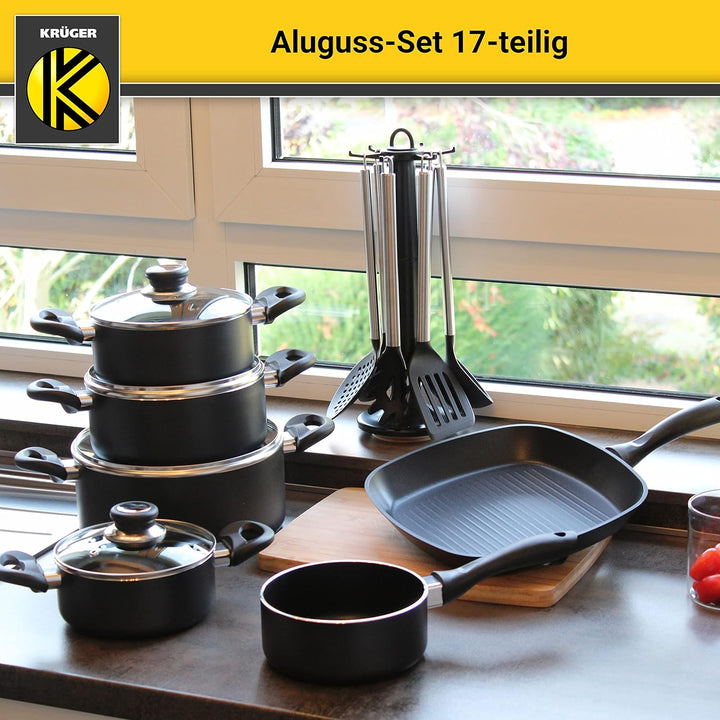 Krüger Aluguss-Set 17-teilig - antihaft-versiegeltes Topf- und Pfannenset mit Küchenhelfer - hohe Hi
