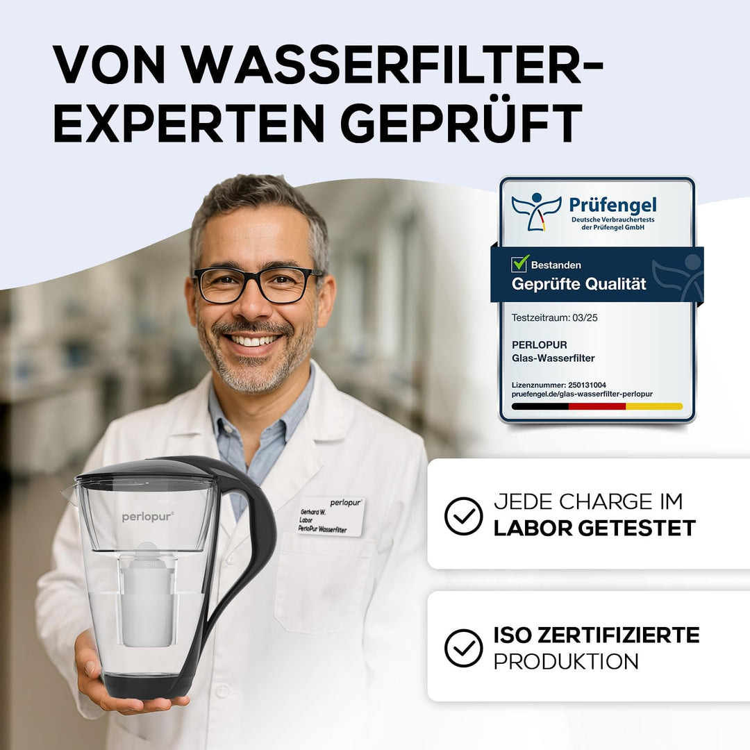 PearlCo 2L Glas Wasserfilter Krug mit 3 alkalischen Filterkartuschen - basisches Wasser durch 5 Stuf