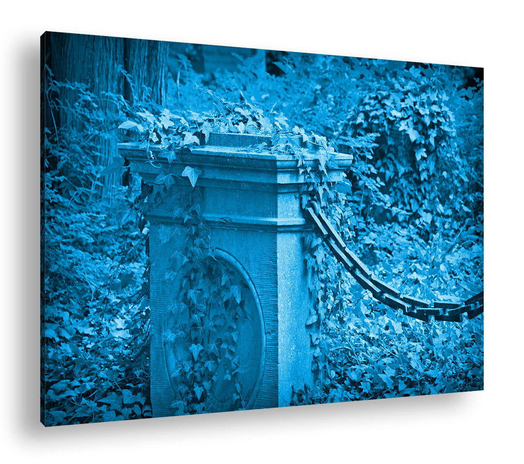 deyoli Efeu bewachsene Steinsäule Format 80x60 Effekt: Monocrome Blau als Leinwandbild, Motiv fertig