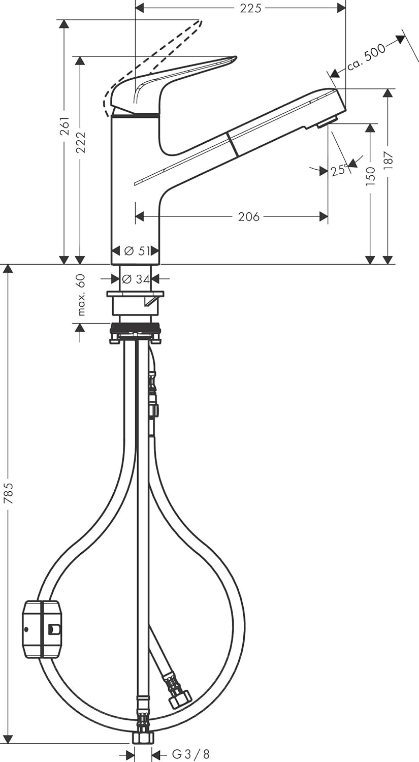 hansgrohe Küchenarmatur (Wasserhahn Küche 120° schwenkbar, hoher ausziehbarer Auslauf 150mm, Standar