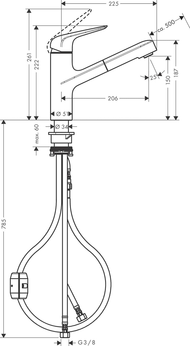 hansgrohe Küchenarmatur (Wasserhahn Küche 120° schwenkbar, hoher ausziehbarer Auslauf 150mm, Standar