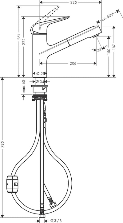 hansgrohe Küchenarmatur (Wasserhahn Küche 120° schwenkbar, hoher ausziehbarer Auslauf 150mm, Standar