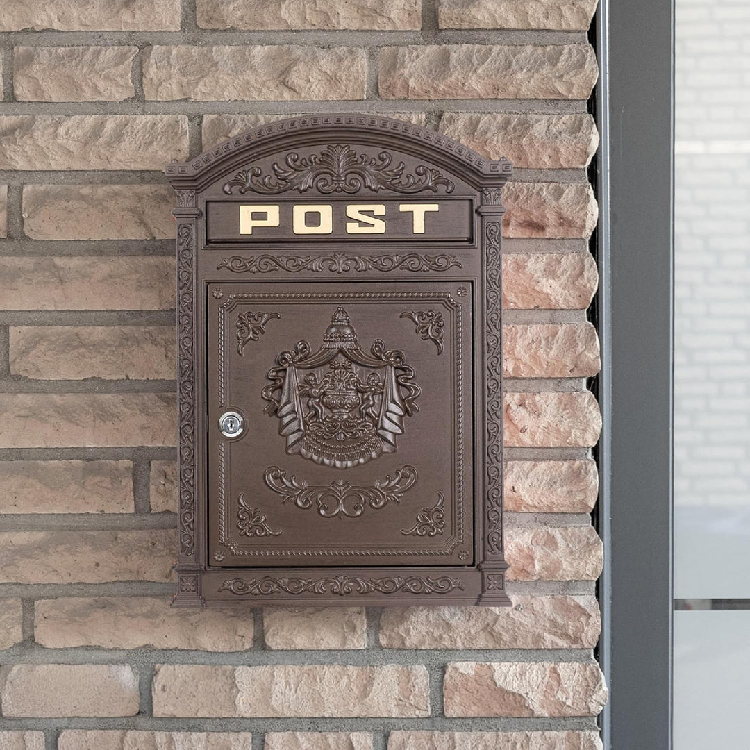 Briefkasten braun Englischer Postkasten Antik Stil aus Aluguss zur Wandmontage Nostalgie Standarform