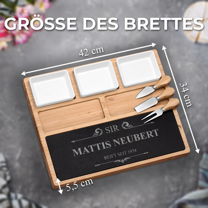 Maverton Servierplatte mit Gravur - Käsebrett mit personalisierter Steinplatte + 3 Keramikschalen -