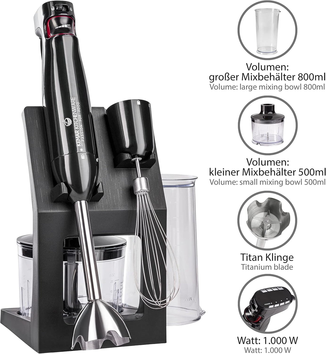 KeMar Stabmixer (1.000 Watt, Schwarz) Titan Klinge & Aufbewahrungsständer, Handstabmixer, Pürierstab