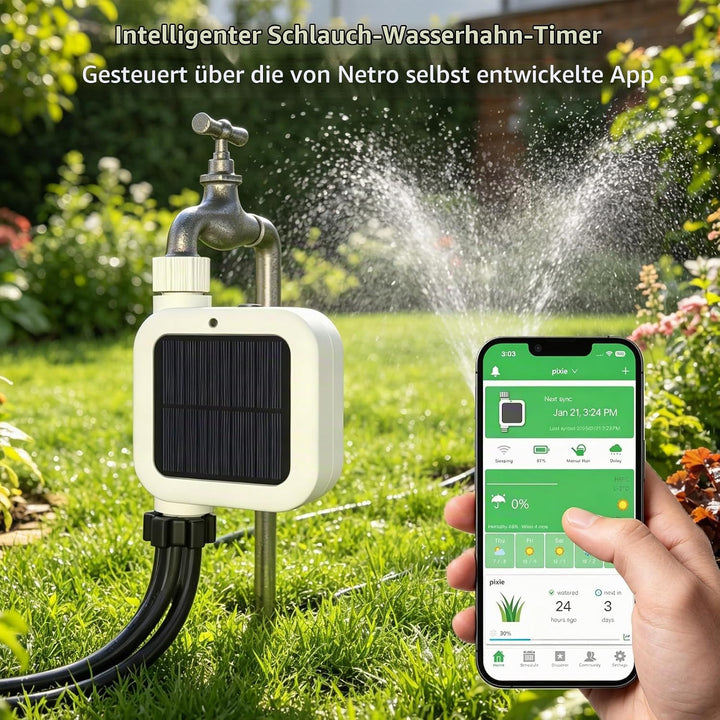 Netro Pixie Smart Schlauch-Wasserhahn-Timer, WLAN-Verbindung, solarbetrieben, wetterbewusst