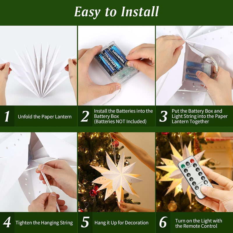 Lewondr Papier Stern Dekoration 2 Packungen, Weihnachten Papier Stern Laterne mit Fernbedienung, DRE