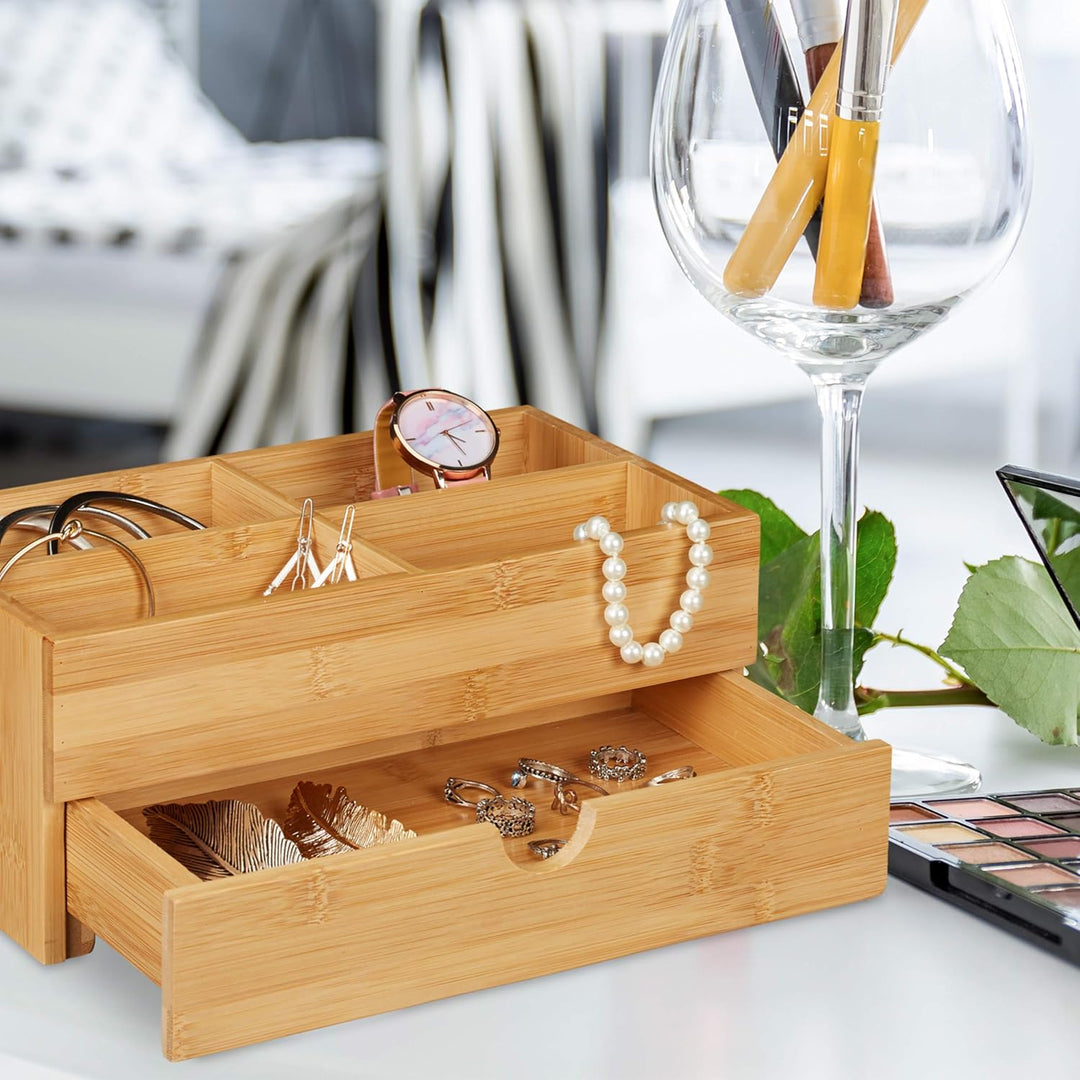 Relaxdays Bambus Kosmetik Organizer, multifunktional, 4 Fächer & Schublade, Schmuckkästchen, Ordnung