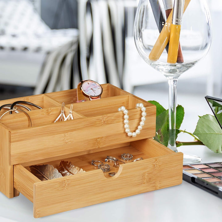 Relaxdays Bambus Kosmetik Organizer, multifunktional, 4 Fächer & Schublade, Schmuckkästchen, Ordnung