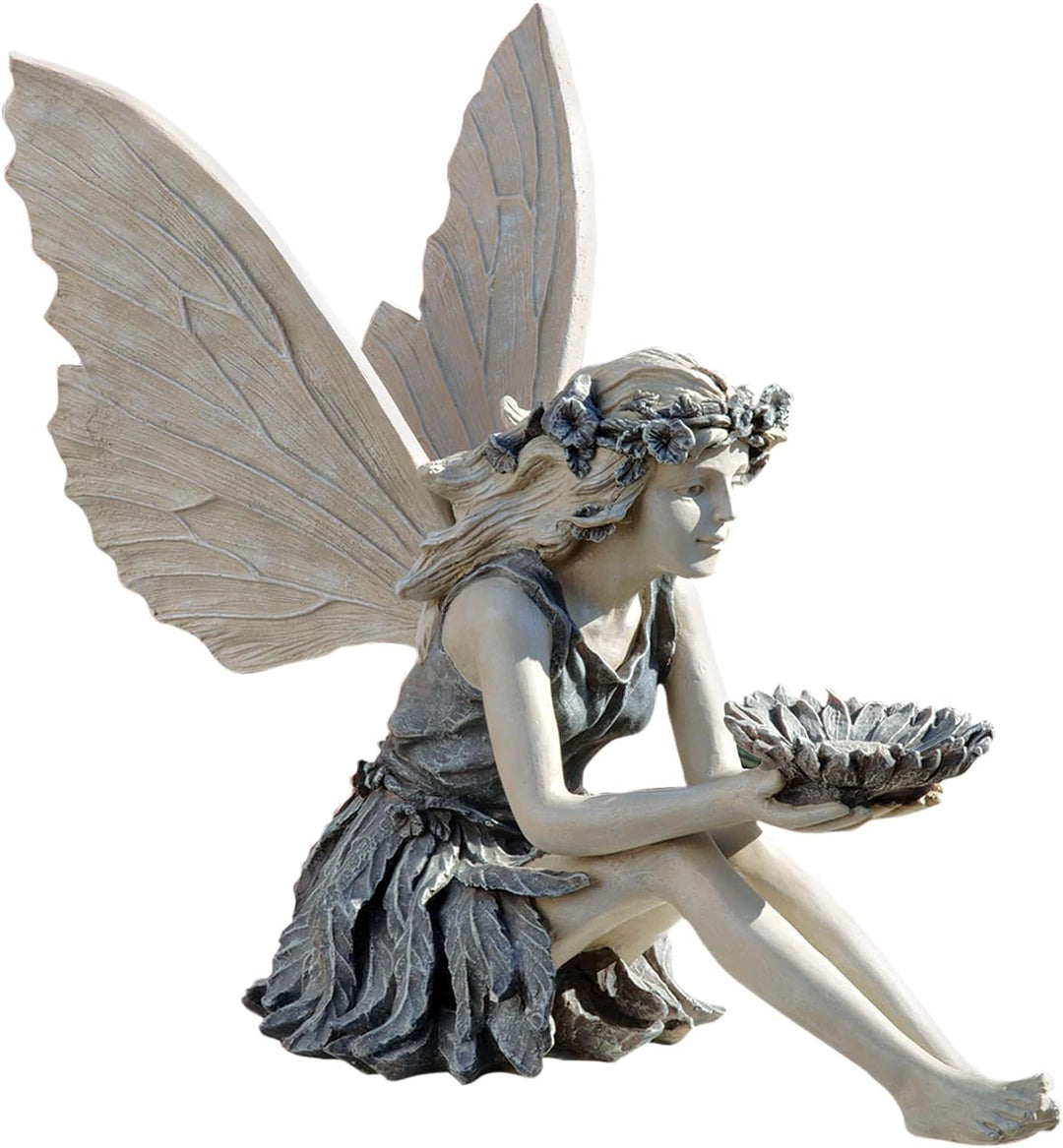 Design Toscano Die Sonnenblumenfee Gartenstatue Vogeltränke, Polyresin, stein, 51 cm, Sonnenblumen