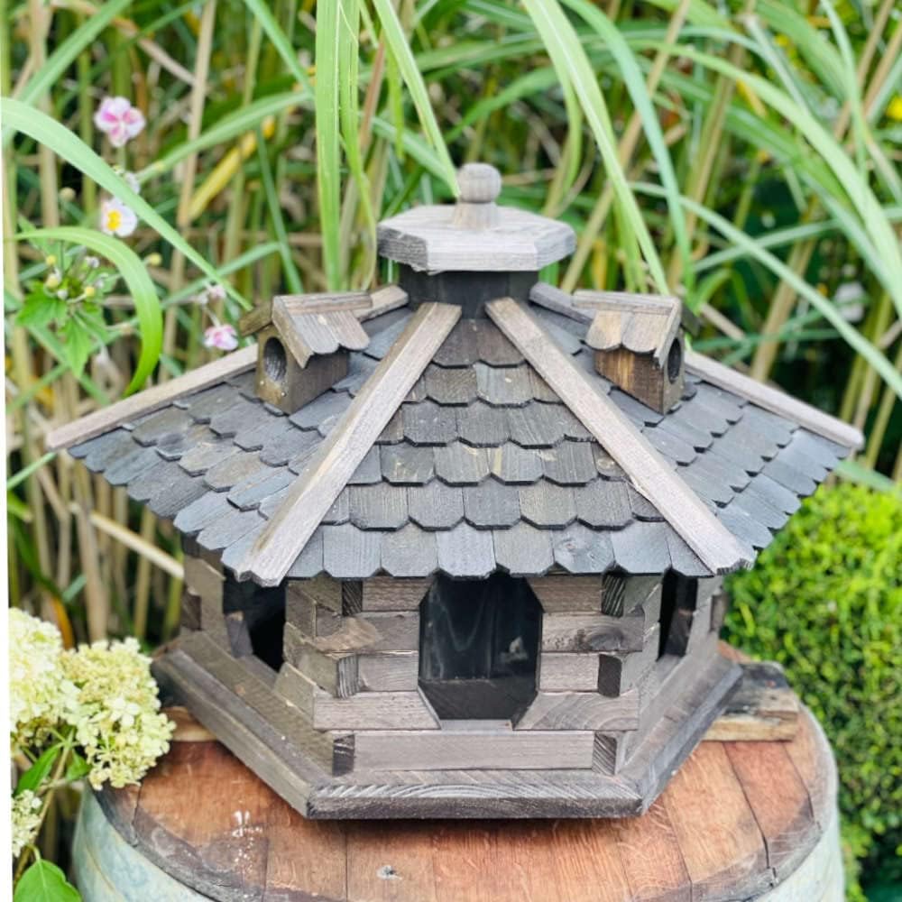 Sechseck Vogelhaus aus Holz L - XL Futterstelle mit und ohne Ständer handgefertigt (XL ohne Ständer,