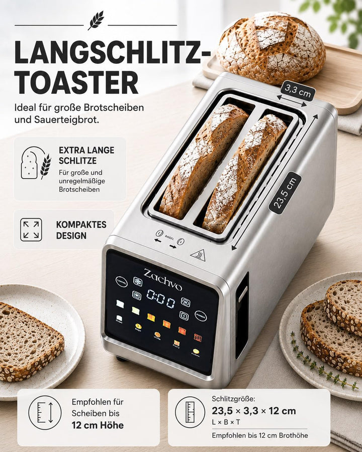 4 Scheiben Langschlitz Toaster Edelstahl, Smart Touchscreen mit LED-Countdown, Memory-Funktion, 6 Br