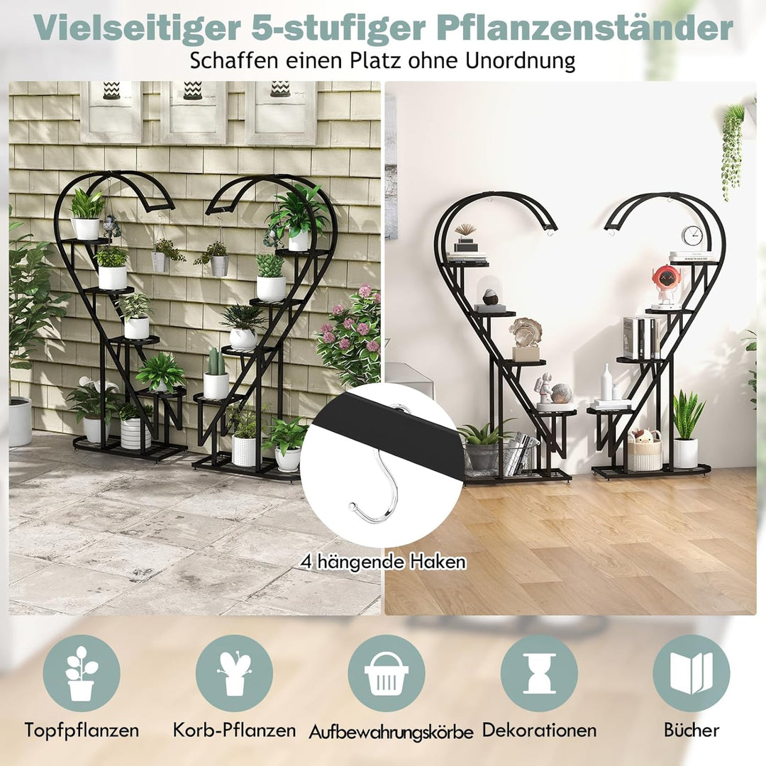 GOPLUS 5-stufiger Metall-Pflanzenständer in Herzform, Pflanzenregal mit 4 Aufhängehaken, Lamellenabl