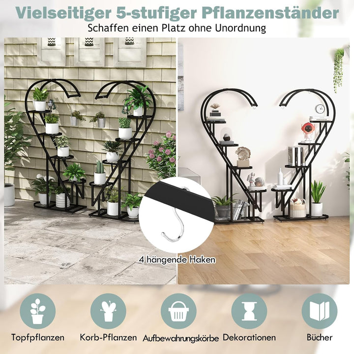 GOPLUS 5-stufiger Metall-Pflanzenständer in Herzform, Pflanzenregal mit 4 Aufhängehaken, Lamellenabl