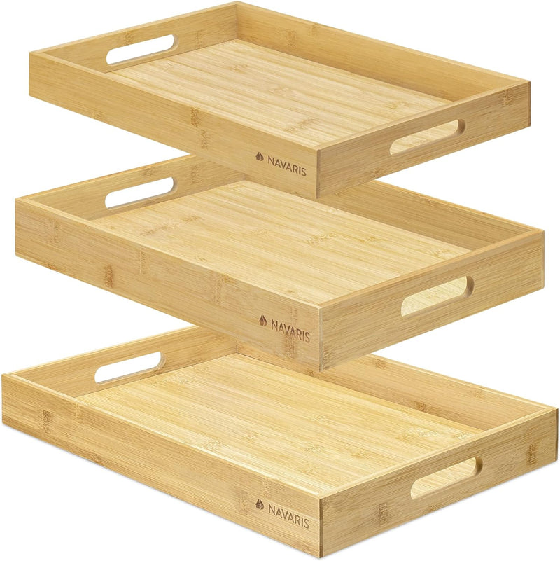 Navaris Serviertablett Tablett aus Bambus - 3x Servierplatte Frühstückstablett Holztablett - rechtec